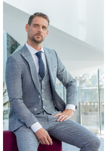 Erkek Lacivert Poliviskon Trend Yelekli Desenli Slim Fit Sivri Yaka Takım Elbise