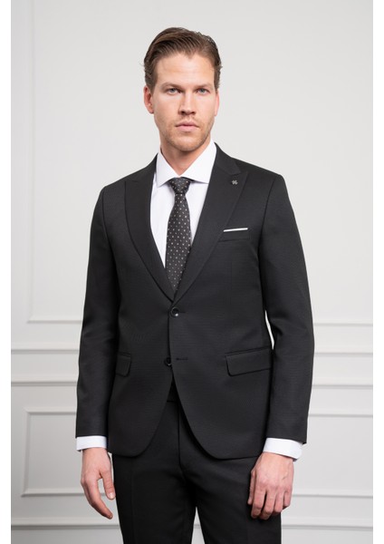 Erkek Siyah Basic Jakar Desen Slim Fit Sivri Yaka Takım Elbise