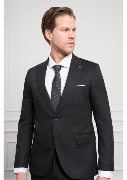 Erkek Siyah Basic Jakar Desen Slim Fit Sivri Yaka Takım Elbise