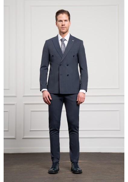 Erkek Lacivert Trend Slim Fit Sivri Yaka Kruvaze Takım Elbise fiyatları