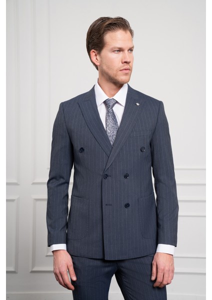 Erkek Lacivert Trend Slim Fit Sivri Yaka Kruvaze Takım Elbise indirimleri