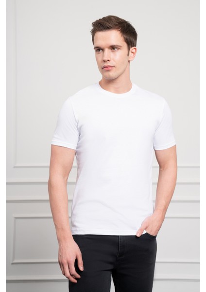 Erkek Beyaz Basic Bisiklet Yaka Dynamic Fit Pamuk T-Shirt