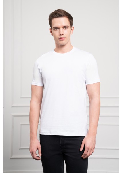 Erkek Beyaz Basic Bisiklet Yaka Dynamic Fit Pamuk T-Shirt modelleri