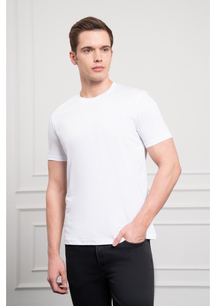 Erkek Beyaz Basic Bisiklet Yaka Dynamic Fit Pamuk T-Shirt fırsatları