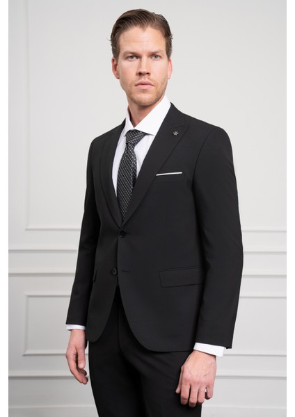 Erkek Siyah Basic Düz Desen Slim Fit Sivri Yaka Takım Elbise