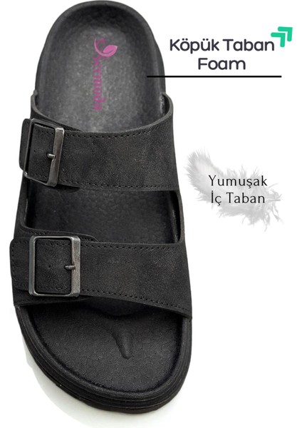 Çift Toka Ayarlanabilir Genişlik Köpük Taban Rahat Deri Erkek Terlik Siyah modelleri