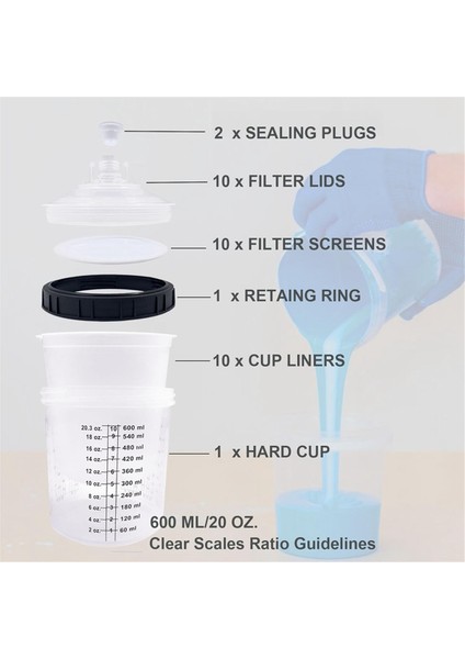 Boya Püskürtme Makinesi Karıştırma Kabı Liner ve Kapak Sistemi Hvlp Için, 20OZ (Yurt Dışından)