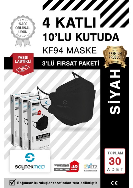 KF94 Kore Tipi, 4 Katlı, Siyah Maske, Tekli Paket, Uv Steril (3 Kutu/ 30 Adet)