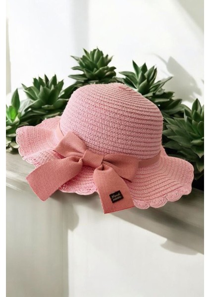 (6-12 Yaş) Hasır Fiyonk Detaylı Şapka - Pembe