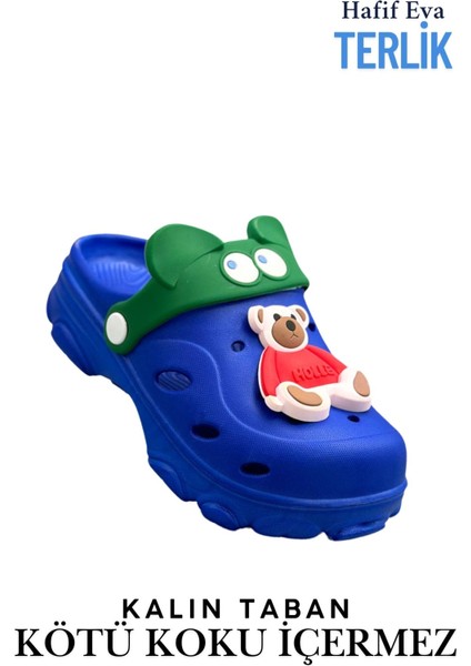 Gözlük Desen Ayıcıklı Eva Çocuk Plaj Havuz Terlik Sabo Terlik Mavi Kırmızı