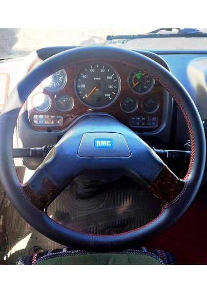 Dikişli Direksiyon Kılıfı Siyah Deri Kırmızı Dikişli Bmc Pro Fotodaki Direksiyon Için