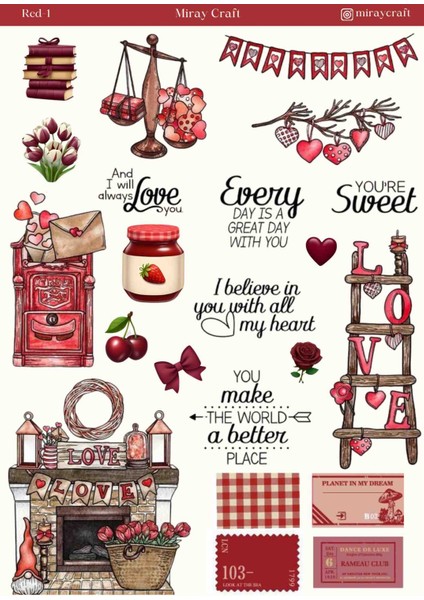 4 Adet Kırmızı Renk Temalı Sticker Seti – 12X17 cm Boyutlarında | Scrapbook, Bullet Journal, Planlayıcı ve Ajanda Için Özel Tasarım