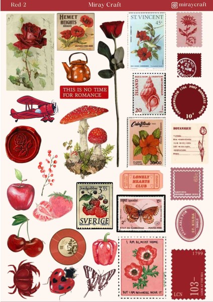 4 Adet Kırmızı Renk Temalı Sticker Seti – 12X17 cm Boyutlarında | Scrapbook, Bullet Journal, Planlayıcı ve Ajanda Için Özel Tasarım