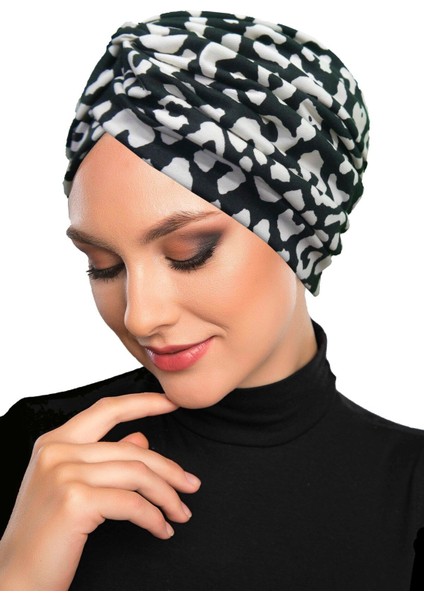 Savanna Noir Desenli Çapraz ve Bant Detaylı Astarlı Hazır Türban Tesettür Havuz Bonesi