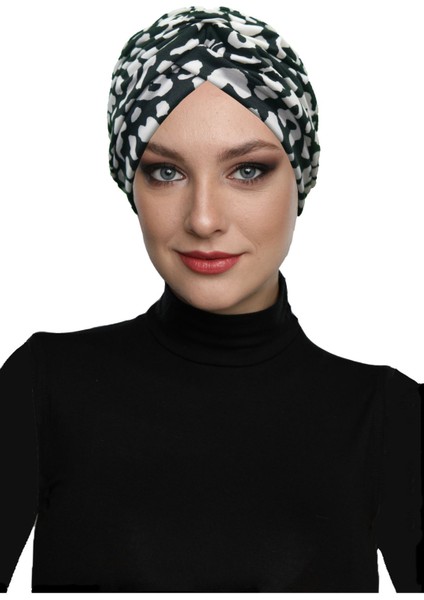 Savanna Noir Desenli Çapraz ve Bant Detaylı Astarlı Hazır Türban Tesettür Havuz Bonesi