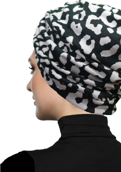 Savanna Noir Desenli Çapraz ve Bant Detaylı Astarlı Hazır Türban Tesettür Havuz Bonesi