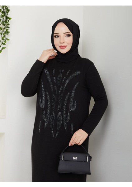 Siyah Şık Taş Desenli Tesettür Elbise MF-1043