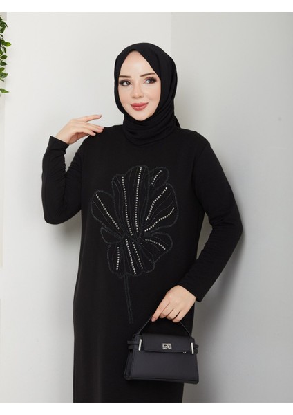Siyah Şık Tasarım Taşlı Çiçek Desenli Elbise MF-1041