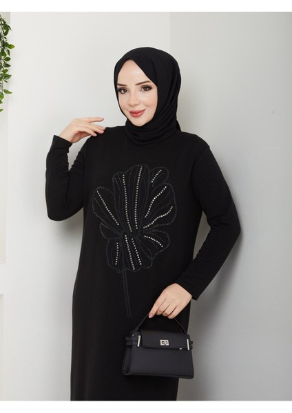 Siyah Şık Tasarım Taşlı Çiçek Desenli Elbise MF-1041