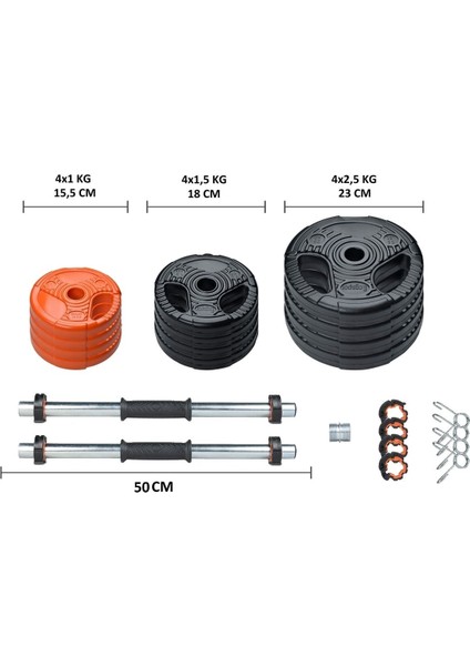 Spor Yıldız Serisi 22 kg Multifonksiyonel Turuncu Siyah Halter Seti ve Dambıl Seti