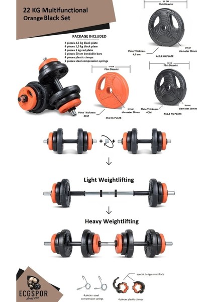 Spor Yıldız Serisi 22 kg Multifonksiyonel Turuncu Siyah Halter Seti ve Dambıl Seti