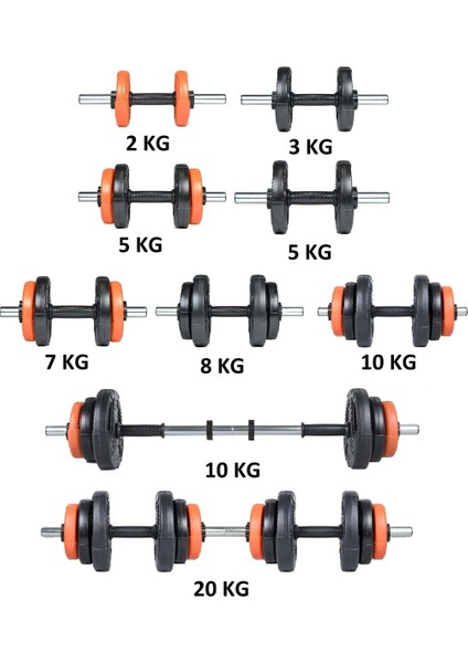 Spor Yıldız Serisi 22 kg Multifonksiyonel Turuncu Siyah Halter Seti ve Dambıl Seti