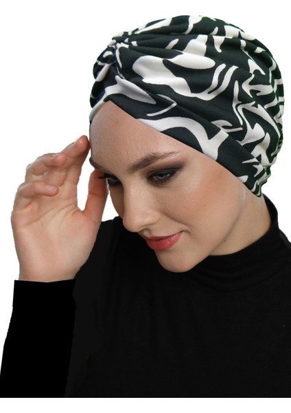 Gölge Dansı Desenli Çapraz ve Bant Detaylı Astarlı Hazır Türban Tesettür Havuz Bonesi