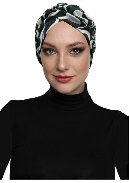 Gölge Dansı Desenli Çapraz ve Bant Detaylı Astarlı Hazır Türban Tesettür Havuz Bonesi modelleri