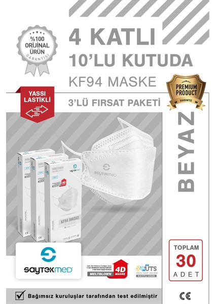 KF94 Kore Tipi, 4 Katlı, Beyaz Maske, Tekli Paket, Uv Steril (3 Kutu/ 30 Adet)