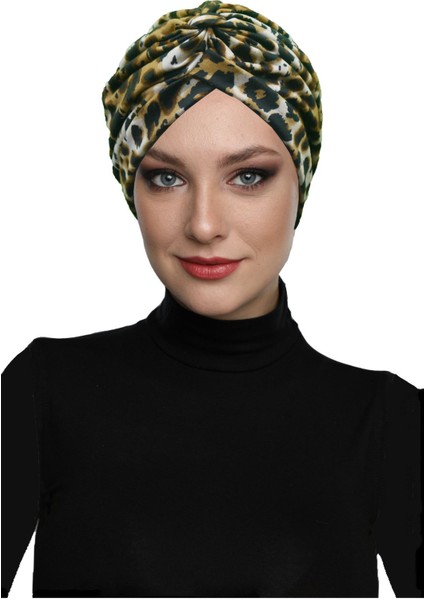 Savanna Chic Desenli Çapraz ve Bant Detaylı Astarlı Hazır Türban Tesettür Havuz Bonesi