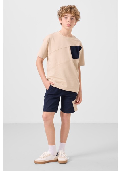 Bej-Lacivert Pamuklu Oversize Fit Dokuma Hafif Esnek Chino Erkek Çocuk Şort Takım - 11275
