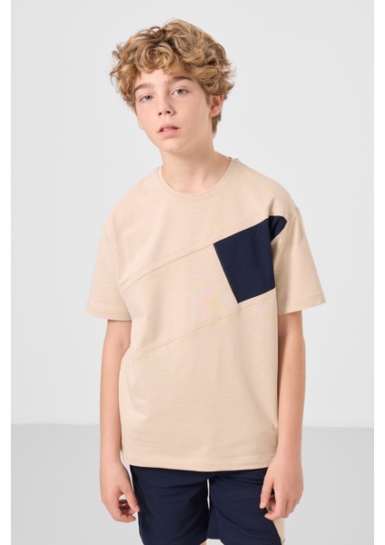 Bej-Lacivert Pamuklu Oversize Fit Dokuma Hafif Esnek Chino Erkek Çocuk Şort Takım - 11275
