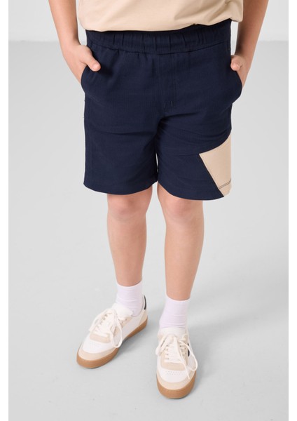 Bej-Lacivert Pamuklu Oversize Fit Dokuma Hafif Esnek Chino Erkek Çocuk Şort Takım - 11275
