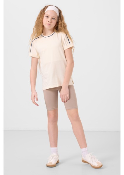 Ekru Pamuklu O Yaka Standart Fit Basic Kız Çocuk T-Shirt - 75177