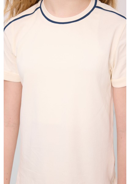 Ekru Pamuklu O Yaka Standart Fit Basic Kız Çocuk T-Shirt - 75177