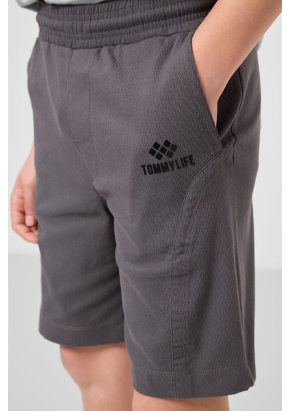 Taş-Antrasit Pamuklu Oversize Fit Dokuma Hafif Esnek Chino Erkek Çocuk Şort Takım - 11276