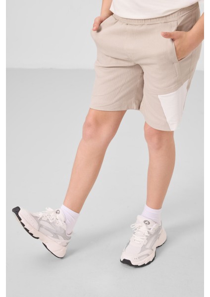 Ekru-Taş Pamuklu Oversize Fit Dokuma Hafif Esnek Chino Erkek Çocuk Şort Takım - 11275