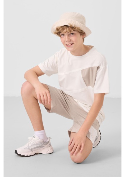Ekru-Taş Pamuklu Oversize Fit Dokuma Hafif Esnek Chino Erkek Çocuk Şort Takım - 11275