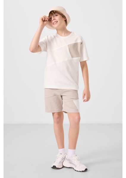 Ekru-Taş Pamuklu Oversize Fit Dokuma Hafif Esnek Chino Erkek Çocuk Şort Takım - 11275
