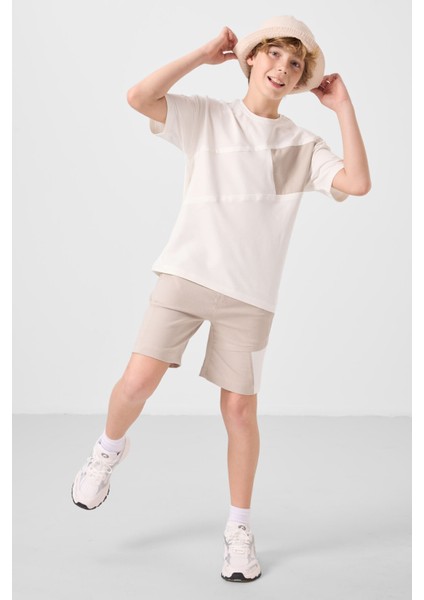 Ekru-Taş Pamuklu Oversize Fit Dokuma Hafif Esnek Chino Erkek Çocuk Şort Takım - 11275