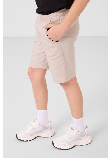 Siyah-Taş Pamuklu Oversize Fit Dokuma Hafif Esnek Chino Erkek Çocuk Şort Takım - 11277