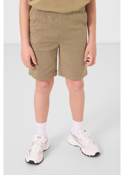 Koyu Bej-Camel Pamuklu Oversize Fit Dokuma Hafif Esnek Chino Erkek Çocuk Şort Takım - 11278