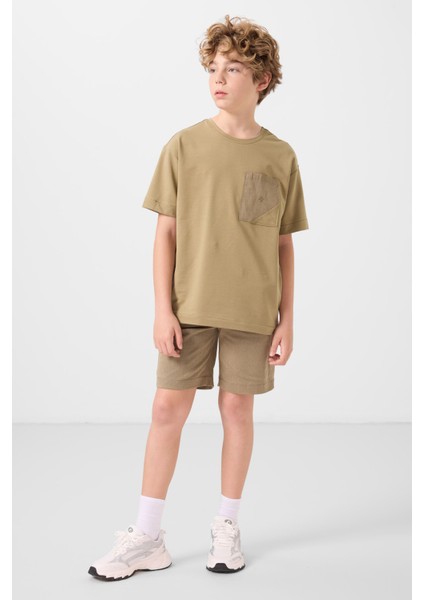 Koyu Bej-Camel Pamuklu Oversize Fit Dokuma Hafif Esnek Chino Erkek Çocuk Şort Takım - 11278