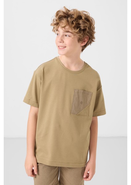 Koyu Bej-Camel Pamuklu Oversize Fit Dokuma Hafif Esnek Chino Erkek Çocuk Şort Takım - 11278
