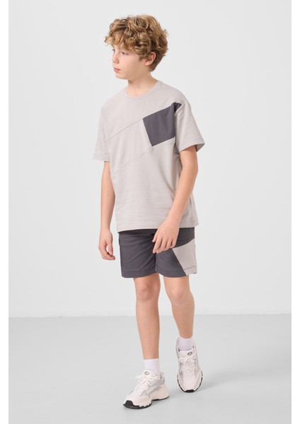 Taş-Antrasit Pamuklu Oversize Fit Dokuma Hafif Esnek Chino Erkek Çocuk Şort Takım - 11275