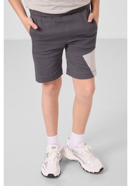 Taş-Antrasit Pamuklu Oversize Fit Dokuma Hafif Esnek Chino Erkek Çocuk Şort Takım - 11275