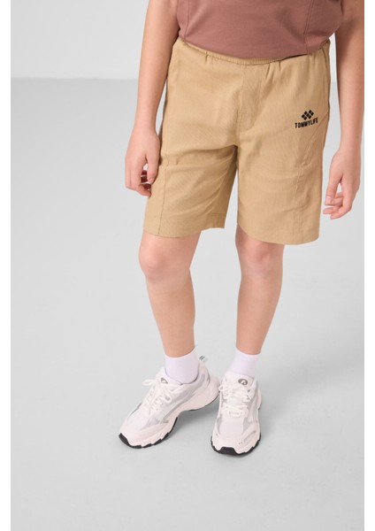 Tarçın-Koyu Bej Pamuklu Oversize Fit Dokuma Hafif Esnek Chino Erkek Çocuk Şort Takım - 11276