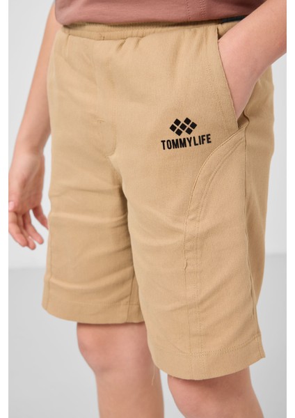 Tarçın-Koyu Bej Pamuklu Oversize Fit Dokuma Hafif Esnek Chino Erkek Çocuk Şort Takım - 11276