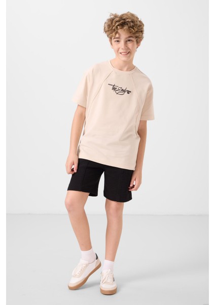 Bej Pamuklu Yumuşak Dokulu Oversize Baskılı Erkek Çocuk T-Shirt - 11285