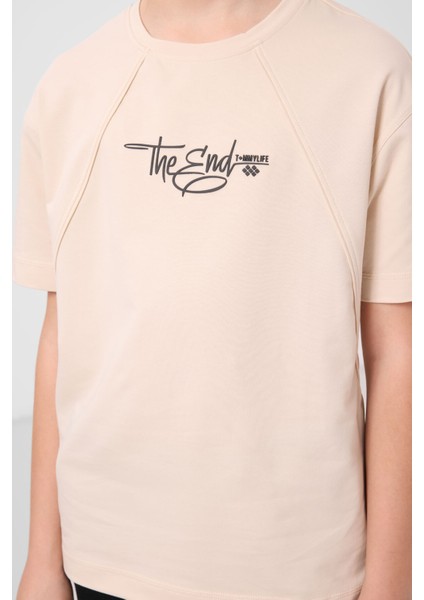 Bej Pamuklu Yumuşak Dokulu Oversize Baskılı Erkek Çocuk T-Shirt - 11285